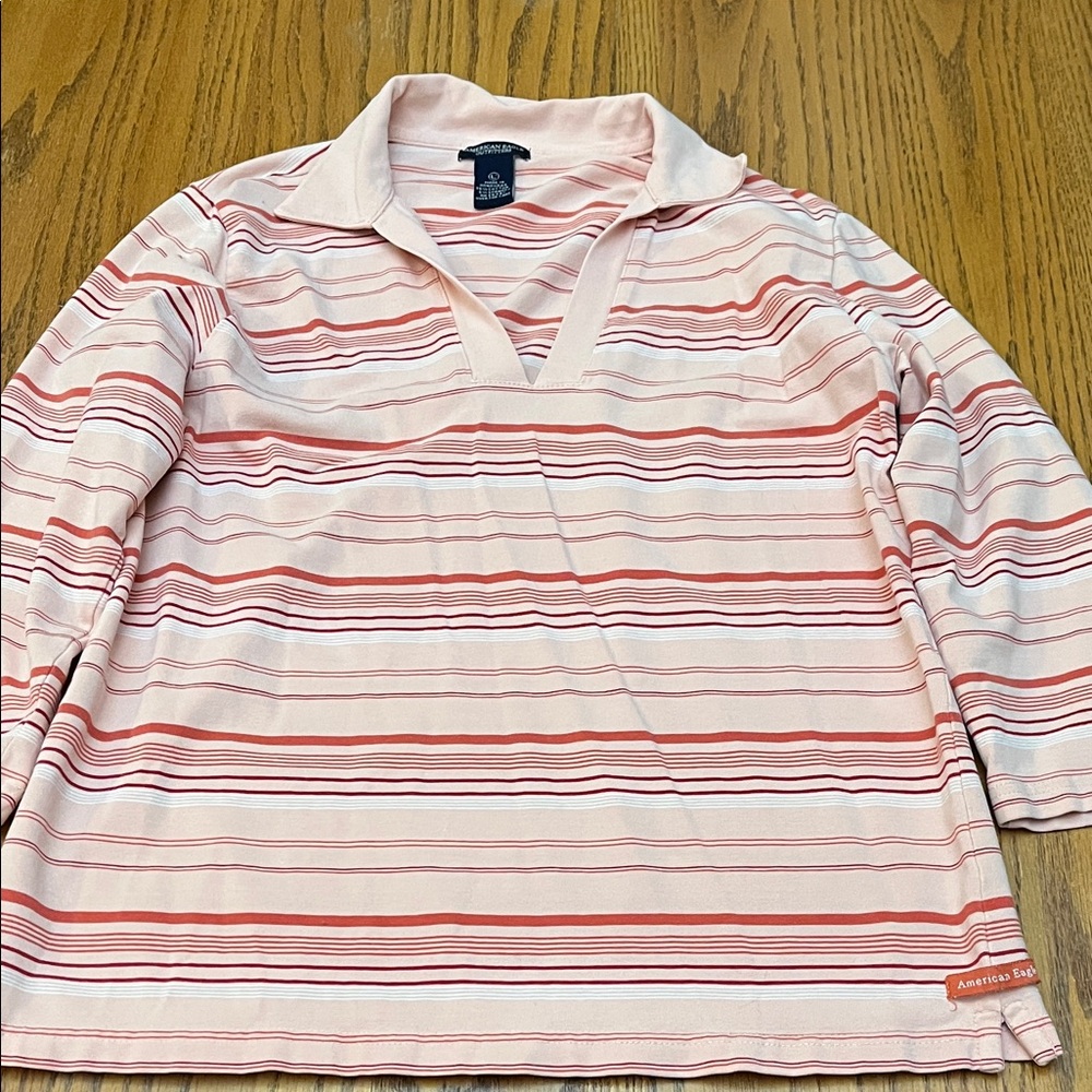 American Eagle Outfitters Pink, White, Red Striped Tee with Collar L